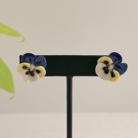 Porcelain Pansy Earrings For Pierced Ears Blue Yellow White Floral Design .75" - Picture 2 of 6